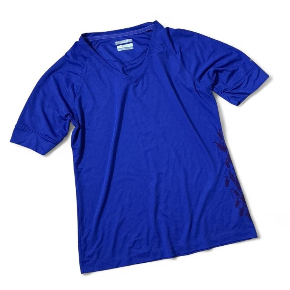 Columbia Omni-Shade Womens V-Neck T-Shirt Blue Fish Graphic FL6131 Size L‎